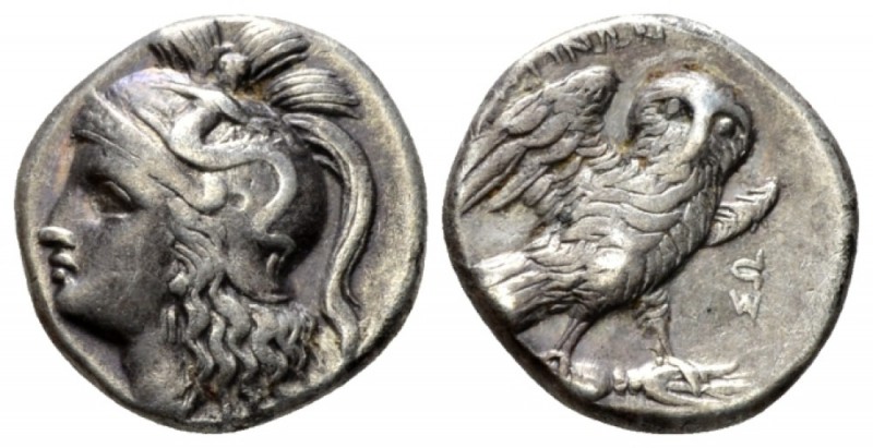 Calabria, Tarentum Drachm circa 280-272, AR 16mm., 3.21g. Head of Athena l., wea...