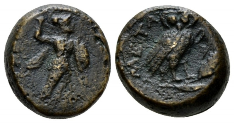 Lucania, Metapontum Bronze circa 225-200, Æ 15mm., 4.66g. Athena Alkidemos advan...