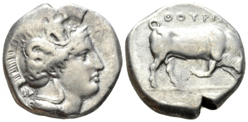 Lucania, Thurium Dinomos circa 410-400, AR 26mm., 15.59g. Head of Athena r., wea...