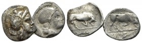 Lucania, Thurium Lot of two Triobols circa 350-280, AR 14mm., 1.73g. Lucania, Thurium. Large lot of two Triobols, including Head of Athena r./Bull r.;...