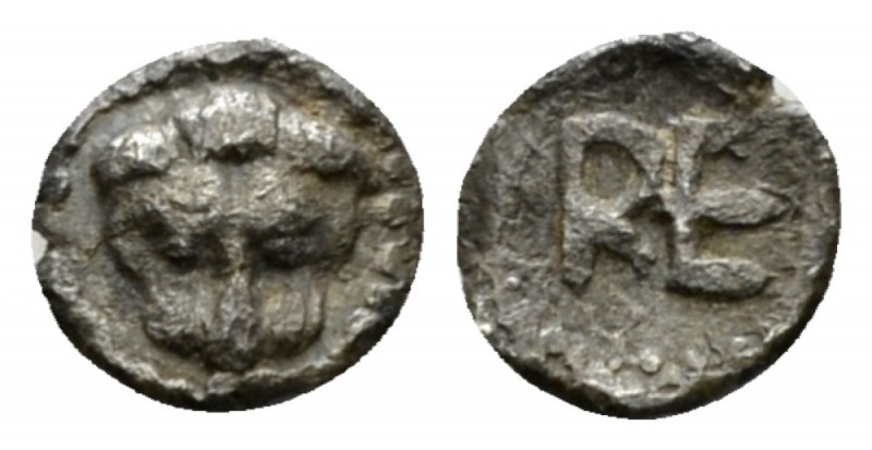 Bruttium, Rhegium Hexas circa 450-445, AR 7mm., 0.12g. Facing head of lion. Rev....