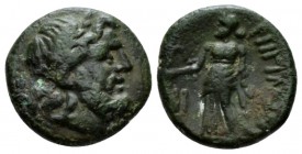 Bruttium, Rhegium Tetras circa 215-150, Æ 15mm., 2.32g. Laureate head of Asclepius r. Rev. Hygieia standing l., holding snake. SNG ANS 789. Historia N...