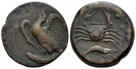 Sicily, Agrigentum Hemiitra circa 410-406, Æ 25mm., 13.83g. Eagle standing l., holding fish. Rev. Crab; below, cray-fish. Calciati 54.

Attractive b...