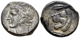 Sicily, Leontini Tetradrachm circa 430-425 BC, AR 25mm., 17.40g. Laureate head of Apollo l. Rev. Head of lion l., with open mouth; around three grains...