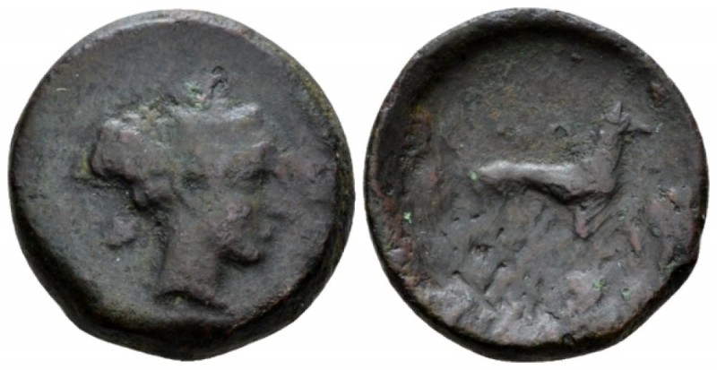 Sicily, Segesta Trias circa 430-410, Æ 24mm., 8.22g. Head of nymph r. Rev. Hound...