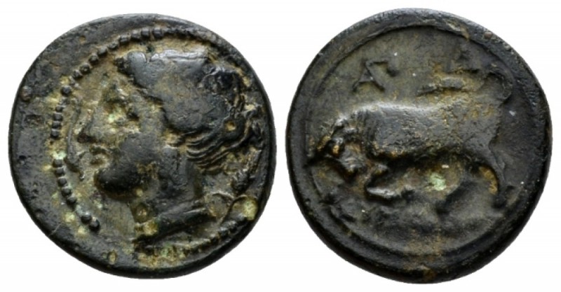 Sicily, Syracuse Bronze circa 317-305, Æ 17mm., 3.39g. Head of nymph l.; in r. f...