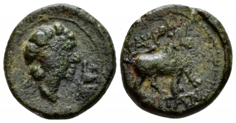 Sicily, Tauromenium Bronze after 201, Æ 18mm., 3.71g. Ivy-wreathed head of Diony...
