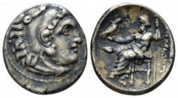 Kingdom of Macedon, Alexander III, 336 – 323 and posthumous issue Colophon Drachm circa 323-319, AR 18mm., 4.10g. Head of Heracles r., wearing lion sk...