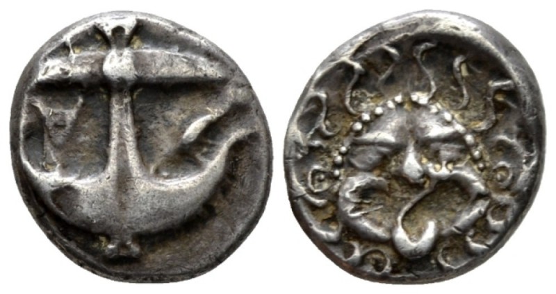 Thrace, Apollonia Pontica Drachm V cent., AR 14.5mm., 3.11g. Gorgoneion. Rev. An...