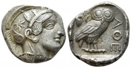 Attica, Athens Tetradrachm circa 415-407, AR 24.5mm., 16.92g. Head of Athena r., wearing Attic helmet decorated with olive wreath and palmettae. Rev. ...