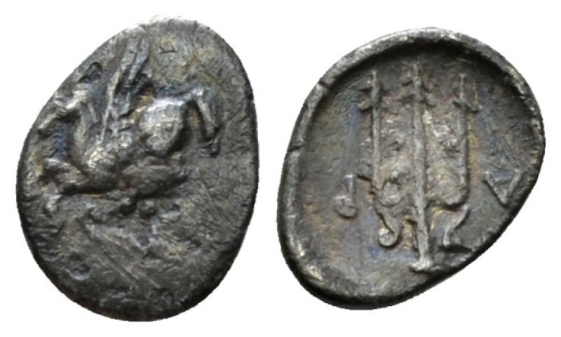 Corinthia, Corinth Obol early IV cent., AR 11mm., 0.31g. Pegasus flying l. Rev. ...