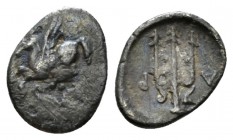 Corinthia, Corinth Obol early IV cent., AR 11mm., 0.31g. Pegasus flying l. Rev. Trident. BCD Corinth –. BMC –, cf. 271 (trident upwards).

Very rare...