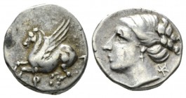 Corinthia, Corinth Drachm circa 300-243, AR 14mm., 2.45g. Pegasus flying l. Rev. Head of nymph l. BMC 433.

Toned, Very Fine.

From the E.E. Clain...