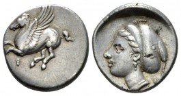 Corinthia, Corinth Drachm circa 300-243, AR 15mm., 2.71g. Pegasus flying l. Rev. Head of nymph l. BMC –, cf. 407/408.

Toned, Insignificant metal fl...