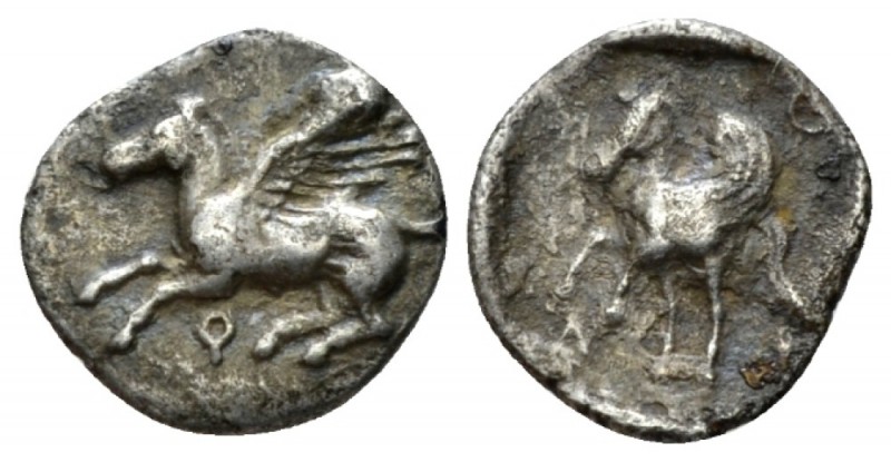 Corinthia, Corinth Diobol IV cent., AR 11mm., 0.61g. . Pegasus flying l. Rev. Pe...