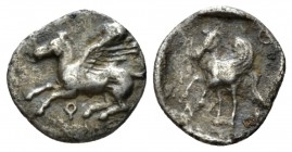 Corinthia, Corinth Diobol IV cent., AR 11mm., 0.61g. . Pegasus flying l. Rev. Pegasus facing, slightly l. BMC 120-121.

Extremely rare. Toned, Good ...