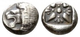 Ionia, Miletus Diobol circa 525-475, AR 8mm., 1.03g. Head of lion l. Rev. Stellar pattern within incuse square. SNG Kayhan 476-482. SNG Keckman 273.
...