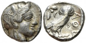 Judaea, Gaza Tetradrachm circa 403-365, AR 23mm., 16.77g. Head of Athena r., wearing Attic helmet decorated with olive wreath and palmettae. Rev. Owl ...