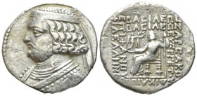 Parthia, Orodes II, 57-38. Seleucia on the Tigris Tetradrachm circa 57-38, AR 28mm., 11.99g. Diademed bust l., wearing torque ending in hippocamp. Rev...