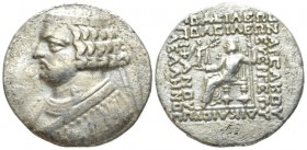Parthia, Orodes II, 57-38. Seleucia on the Tigris Tetradrachm circa 57-38, AR 29mm., 13.14g. Diademed bust l., neck torque ends in sea horse. Rev. Oro...