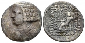 Parthia, Orodes II, 57-38. Seleucia on the Tigris Tetradrachm circa 57-38, AR 29mm., 12.28g. Diademed bust l., wearing torque ending in hippocamp. Rev...