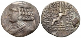 Parthia, Orodes II, 57-38. Seleucia on the Tigris Tetradrachm circa 57-38, AR 28mm., 13.91g. Diademed bust l., neck torque ends in sea horse. Rev. Oro...