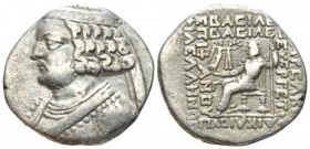 Parthia, Seleucia on the Tigris, Tetradrachm circa 57-38, AR 28mm., 14.22g. Diademed bust l., neck torque ends in sea horse. Rev. Orodes seated l., ho...