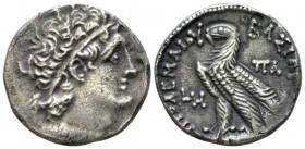 The Ptolemies, Ptolemy IX Soter II, 116-107 Alexandria Tetradrachm circa 116-107, AR 24mm., 13.04g. Diademed bust of Ptolemy r., wearing aegis. Rev. E...