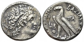 The Ptolemies, Cleopatra III and Ptolemy X, 107-101. Alexandria Tetradrachm circa 106-105, AR 25mm., 12.62g. Diademed head of Ptolemy r., wearing aegi...