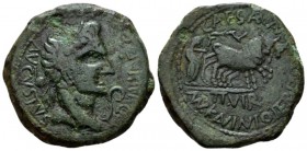 Hispania, Caesaraugusta Octavian as Augustus, 27 BC – 14 AD As circa 2 BC, Æ 30mm., 11.32g. Laureate head r.; in front, simpulum and behind lituus. Re...