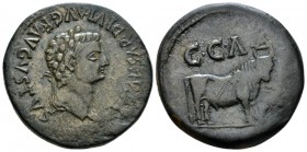Hispania, Caesaraugusta Tiberius, 14-37 As circa 14-37, Æ 30mm., 12.19g. Laureate head r. Rev. Bull standing r., head facing; pediment above head. ACI...