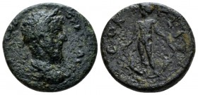 Corinthia, Corinth Lucius Verus, 161-169 Bronze circa 161-169, Æ 20.5mm., 6.23g. Laureate, draped and cuirassed bust r. Rev. nude Isthmos standing, fa...