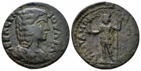 Lydia, Sardes Julia Domna, wife of Septimius Severus Bronze 193-217, Æ 23.5mm., 5.24g. Draped bust r. Rev. Mên standing l., holding pine cone and scep...