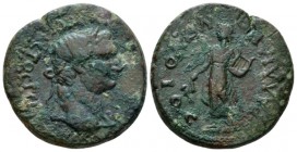 Lydia, Tralles Domitian, 81-96 Bronze circa 81-96, Æ 25.5mm., 11.77g. Laureate head r. Rev. TPAΛΛIANΩN ΠΥΘIOC Apollo standing l., holding branch and l...