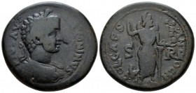 Pisidia, Antioch Elagabalus, 218-222 Bronze circa 218-22, Æ 34.5mm., 26.99g. Laureate, draped and cuirassed bust r. Rev. Men standing facing, head r.,...