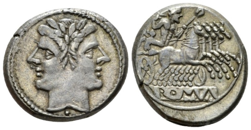 Quadrigatus circa 225-212, AR 22mm., 6.77g. Laureate Janiform head of Dioscuri; ...