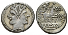 Quadrigatus circa 225-212, AR 22mm., 6.77g. Laureate Janiform head of Dioscuri; below, dot. Rev. Jupiter, hurling thunderbolt and holding sceptre, in ...
