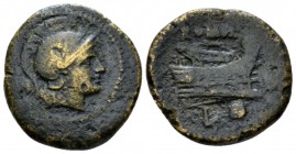 Uncia Luceria circa 214-212, Æ 20mm., 5.70g. Head of Roma r., wearing Attic helmet; behind, pellet. Rev. ROMA Prow r.; below, L and pellet. Sydenham 1...