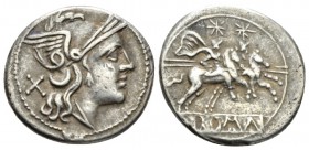 Denarius circa 214-213,, AR 20mm., 4.37g. AR 4.20 g. Helmeted head of Roma r.; behind, X. Rev. Dioscuri galloping r.; in exergue, ROMA partially incus...