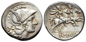 Denarius circa 214-213, AR 19mm., 3.58g. Helmeted head of Roma r.; behind, X. Rev. The Dioscuri galloping r.; in exergue, ROMΛ in raised letters withi...