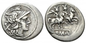 Denarius after 211, AR 20mm., 3.89g. Helmeted head of Roma r.; behind, X. Rev. The Dioscuri galloping r.; below, ROMA in linear frame. Sydenham 311. C...