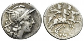 Denarius after 211, AR 19.5mm., 3.42g. Helmeted head of Roma r.; behind, X. Rev. The Dioscuri galloping r.; below, ROMA in linear frame. Sydenham 311....