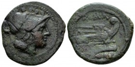 Triens Sardinia after 211, Æ 25mm., 8.44g. Helmeted head of Minerva r.; above, four pellets. Rev. ROMA Prow r.; below, four pellets. RBW 207 (these di...