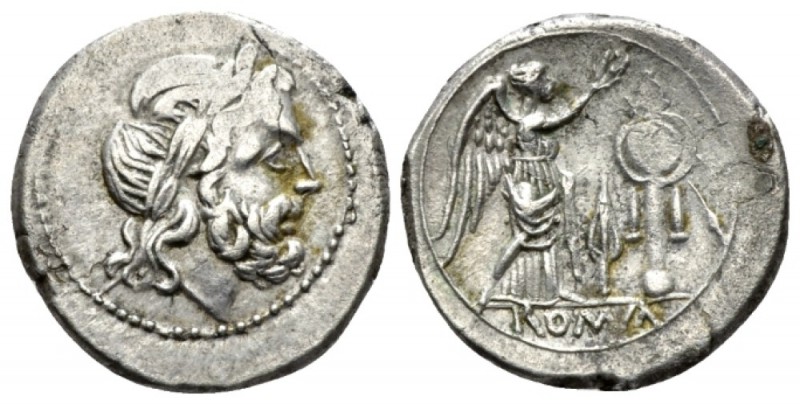 Victoriatus South East Italy circa 211-210, AR 18mm., 3.01g. Laureate head of Ju...