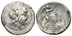 Victoriatus South East Italy circa 211-210, AR 18mm., 3.01g. Laureate head of Jupiter r. Rev. Victory crowning trophy; in field, spearhead upright and...