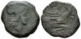 Furius Purpurio Triens circa 169-158, Æ 20.5mm., 5.07g. Helmeted head of Minerva r.; above, four pellets. Rev. Prow r.; above, PVR ligate and before, ...