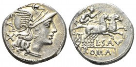 L. Saufeius. Denarius 152, AR 18.5mm., 3.84g. Helmeted head of Roma r.; behind, X. Rev. Victory in prancing biga r.; below, L·SAVF and in exergue, ROM...