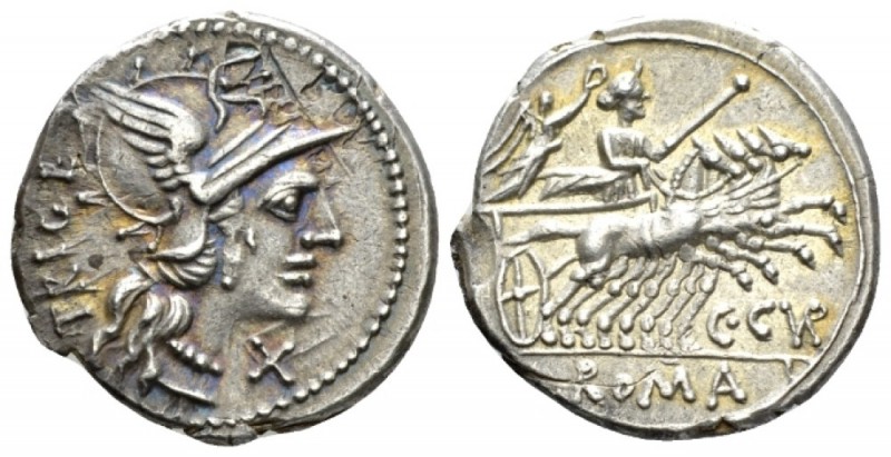 C. Curiatius. Denarius 142, AR 20mm., 3.49g. Helmeted head of Roma r.; behind, T...