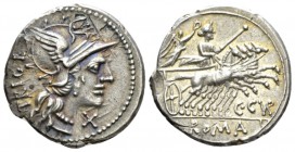 C. Curiatius. Denarius 142, AR 20mm., 3.49g. Helmeted head of Roma r.; behind, TRIGE and below chin, X. Rev. Juno, crowned by Victory, in prancing qua...