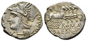M. Baebius Q.f. Tampilus. Denarius 137, AR 19mm., 3.88g. Helmeted head of Roma l., wearing necklace of beads; below chin, X. Behind, TAMPIL. Rev. Apol...